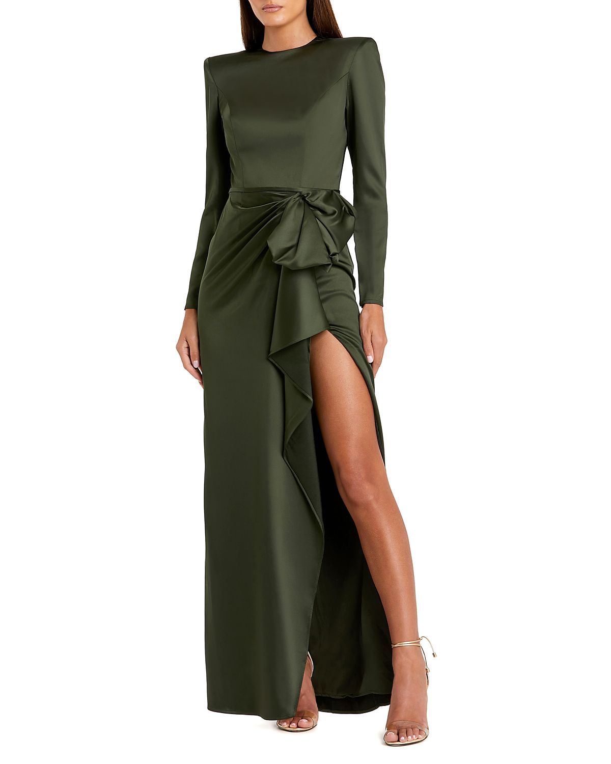 Mac Duggal Petite Long Sleeve Satin Structured Bow Draped Column Gown