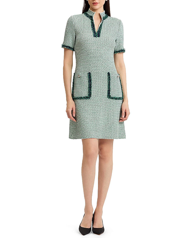 Ming Wang Fringe Trim Jacquard Basketweave Knit Sheath Dress