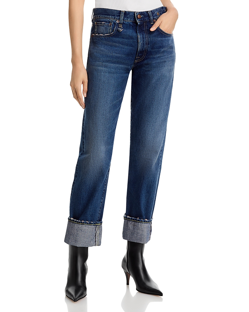 R13 Cuffed Boy Low Rise Straight Jeans in Dalston Selvedge Blue Stretch