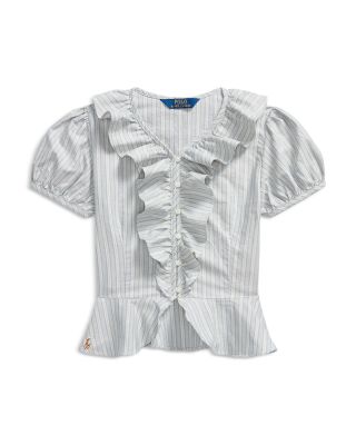 Girls' Striped Ruffled Cotton Oxford Shirt - Big Kid