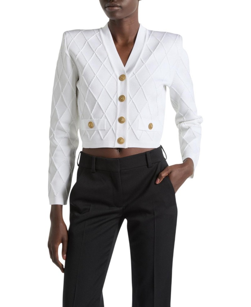 Balmain Cropped Knit Cardigan in White