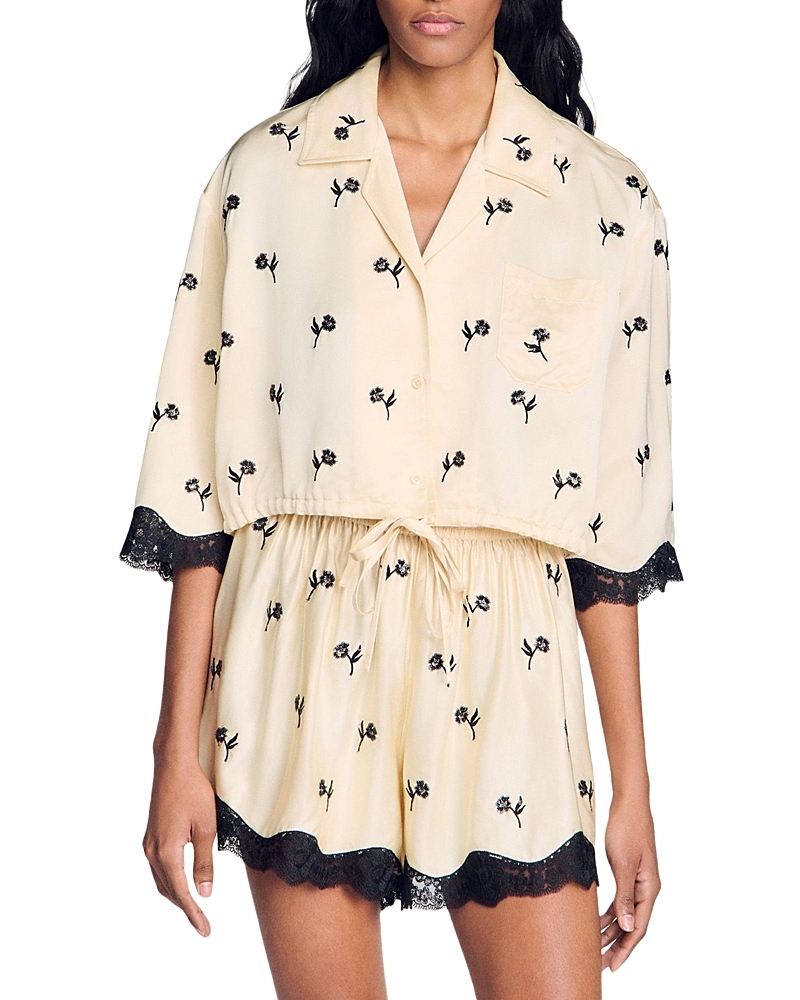 Sandro Cropped Floral Embroidered Shirt