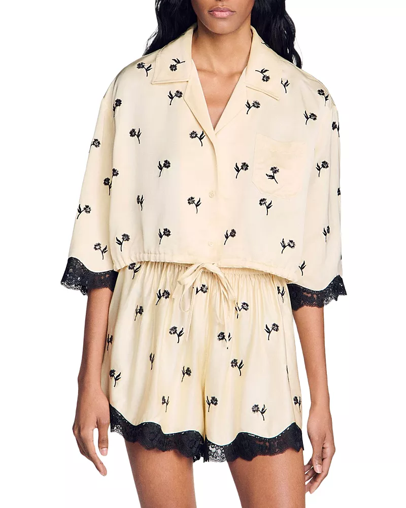 Sandro Cropped Floral Embroidered Shirt