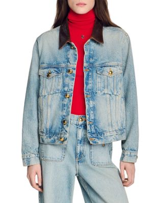 Denim Jacket with Leather Collar in Blue Jean