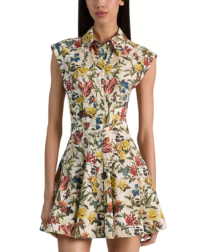 Alice and Olivia Kim Paneled Corset Flared Mini Shirt Dress