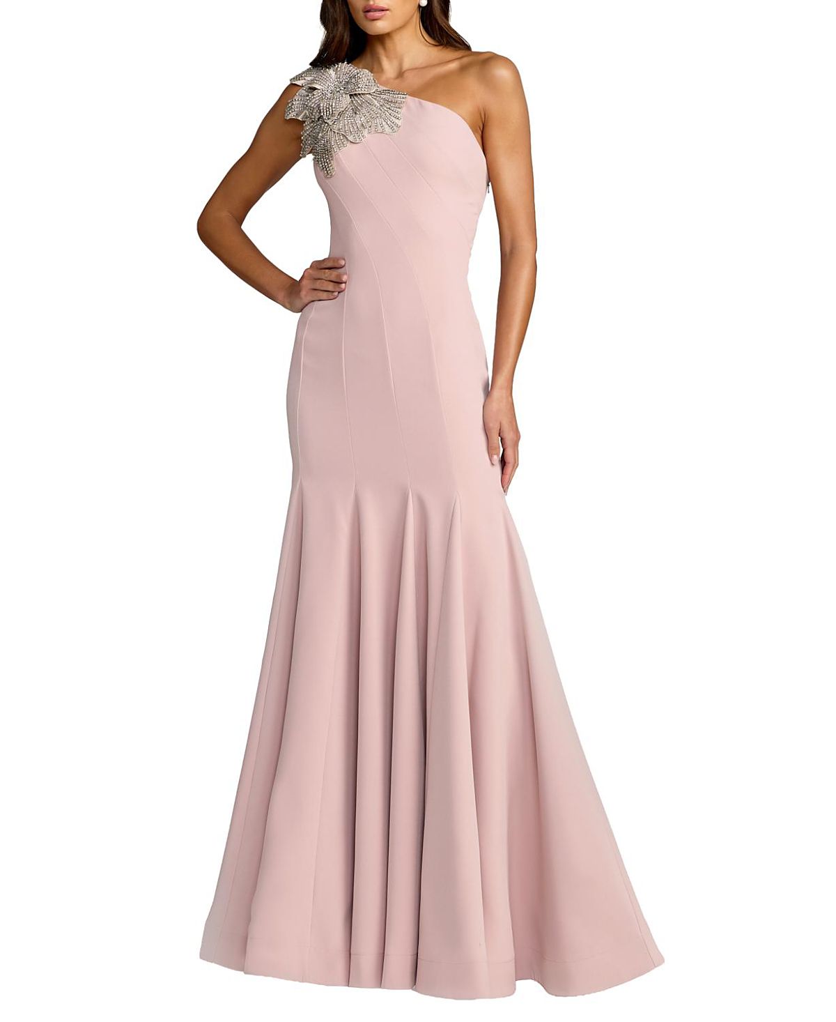 Mac Duggal Petite Crepe One Shoulder Gown With Flower Detail