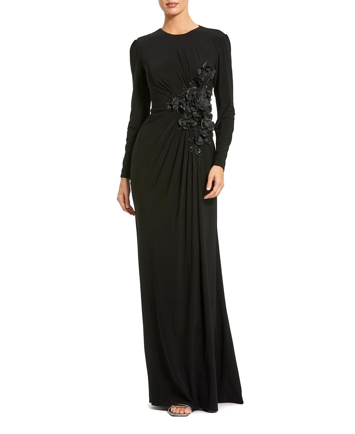Mac Duggal Long Sleeve High Neck Floral Beaded Jersey Gown