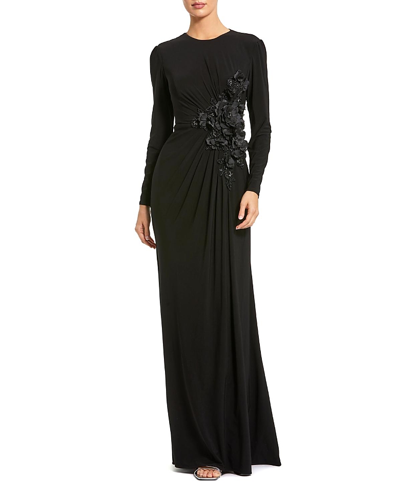 Mac Duggal Long Sleeve High Neck Floral Beaded Jersey Gown