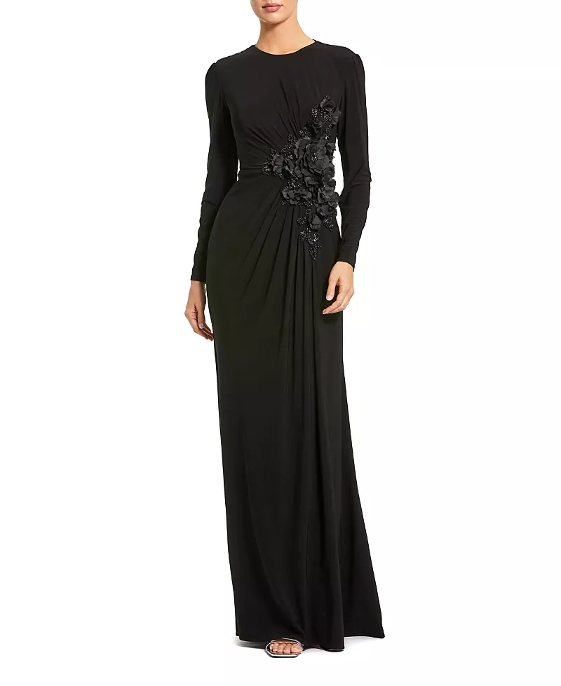 Mac Duggal Long Sleeve High Neck Floral Beaded Jersey Gown