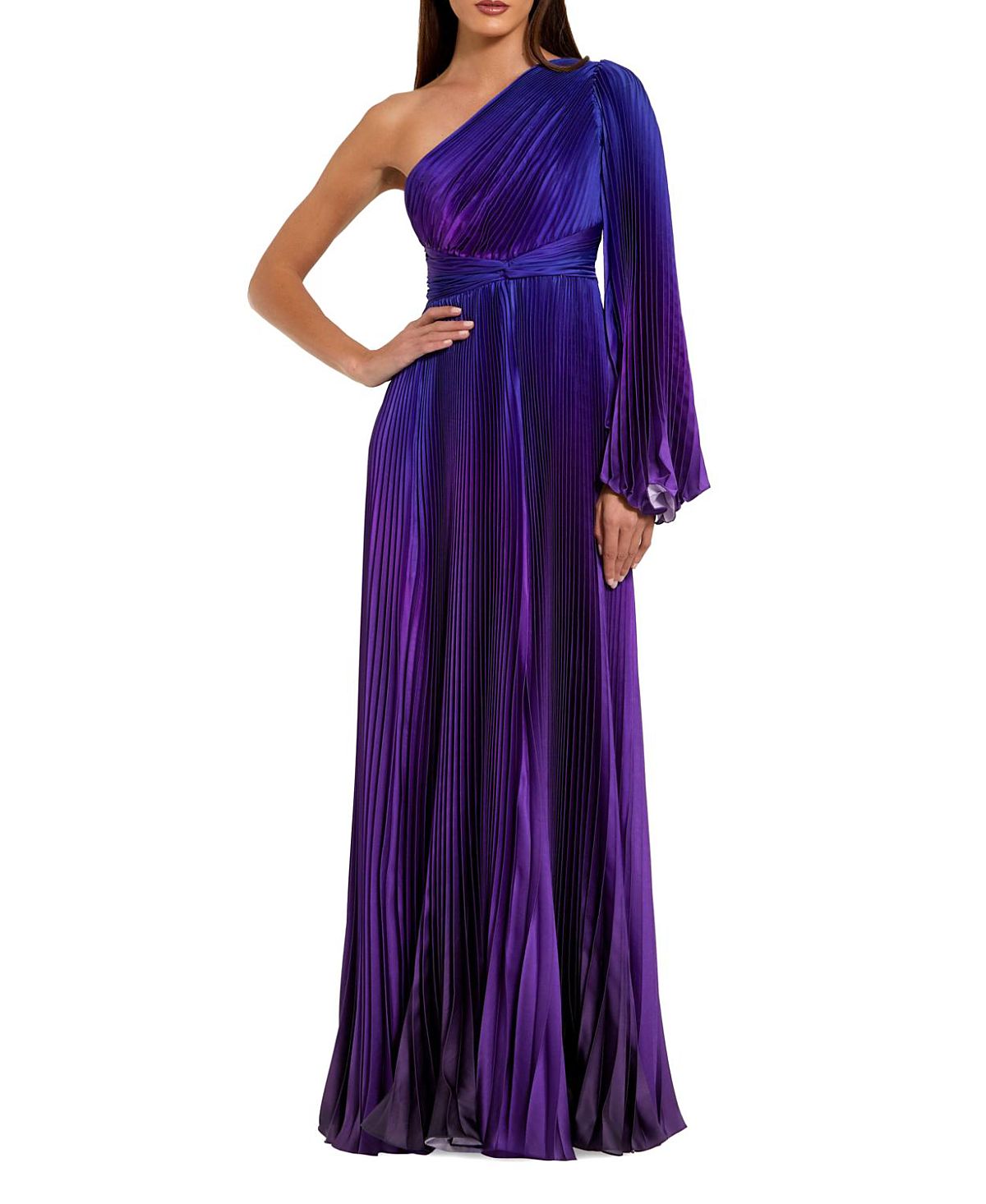 Mac Duggal Pleated Charmeuse One Long Flare Sleeve Gown