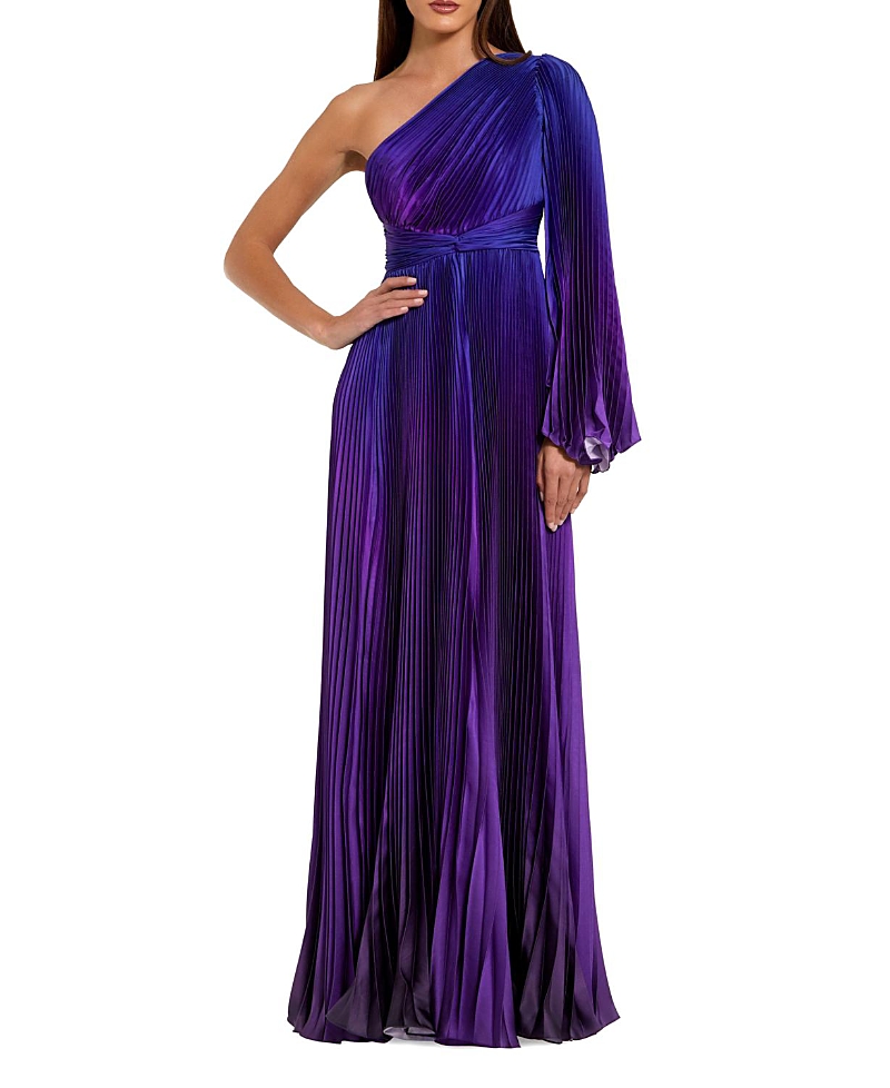 Mac Duggal Pleated Charmeuse One Long Flare Sleeve Gown
