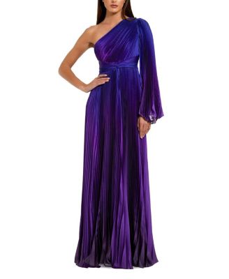  Petite Pleated Charmeuse One-Shoulder Ombre Gown with Flared Sleeve