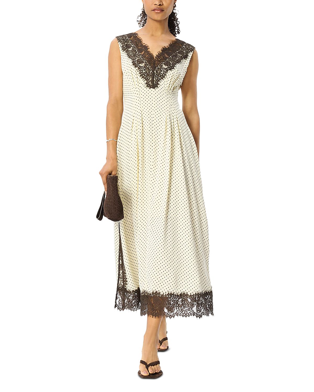 Whistles Petite Lace V Neck Spot Midi Dress