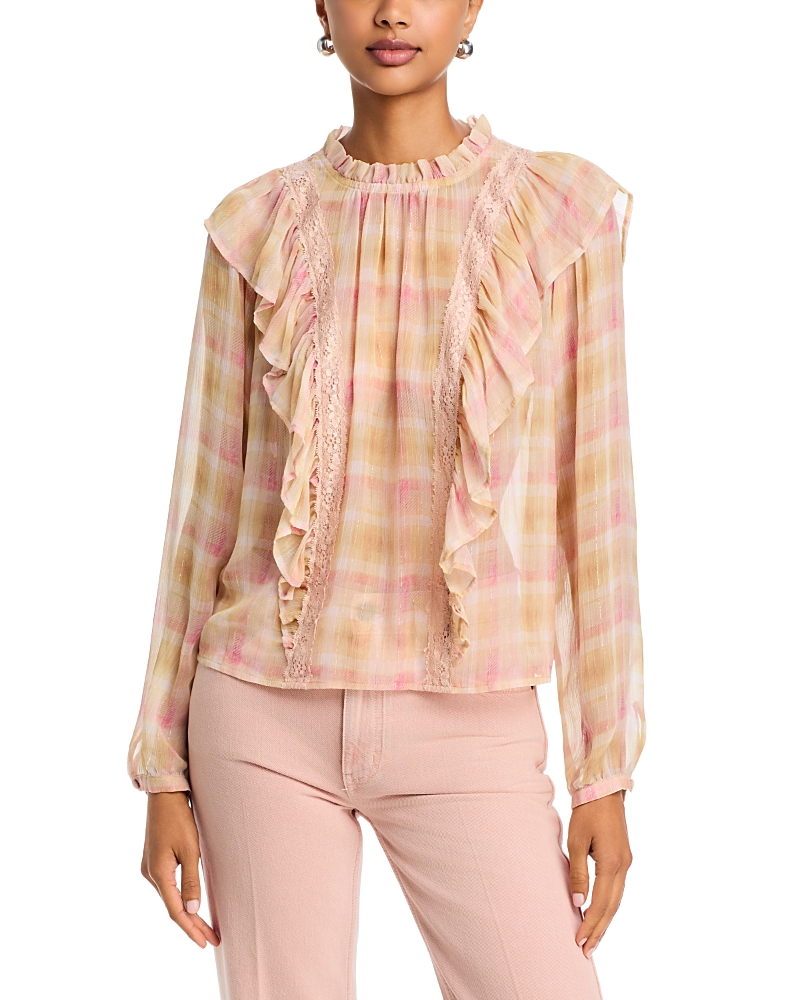 Aqua Plaid Ruffle Lace Inset Top - Exclusive