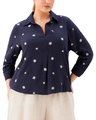 Plus Size Embroidered Ruched Sleeve Shirt