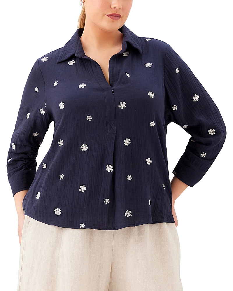 Karen Kane Plus Size Embroidered Ruched Sleeve Shirt
