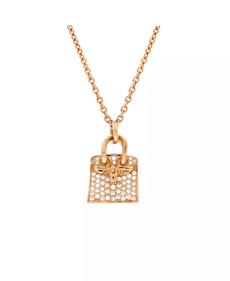 Pre-Owned HERMES Birkin Amulette Pendant Necklace 18K Rose Gold and Diamonds, 15.75