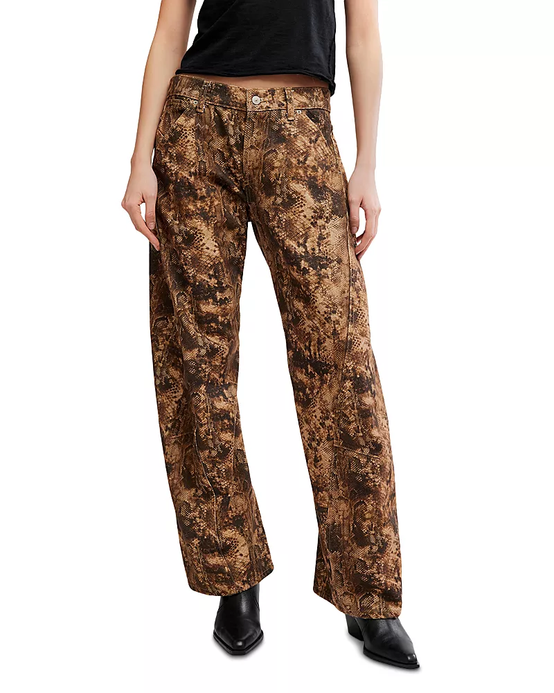 Free People Fable Low Rise Print Bowed Jeans in Chocolate
