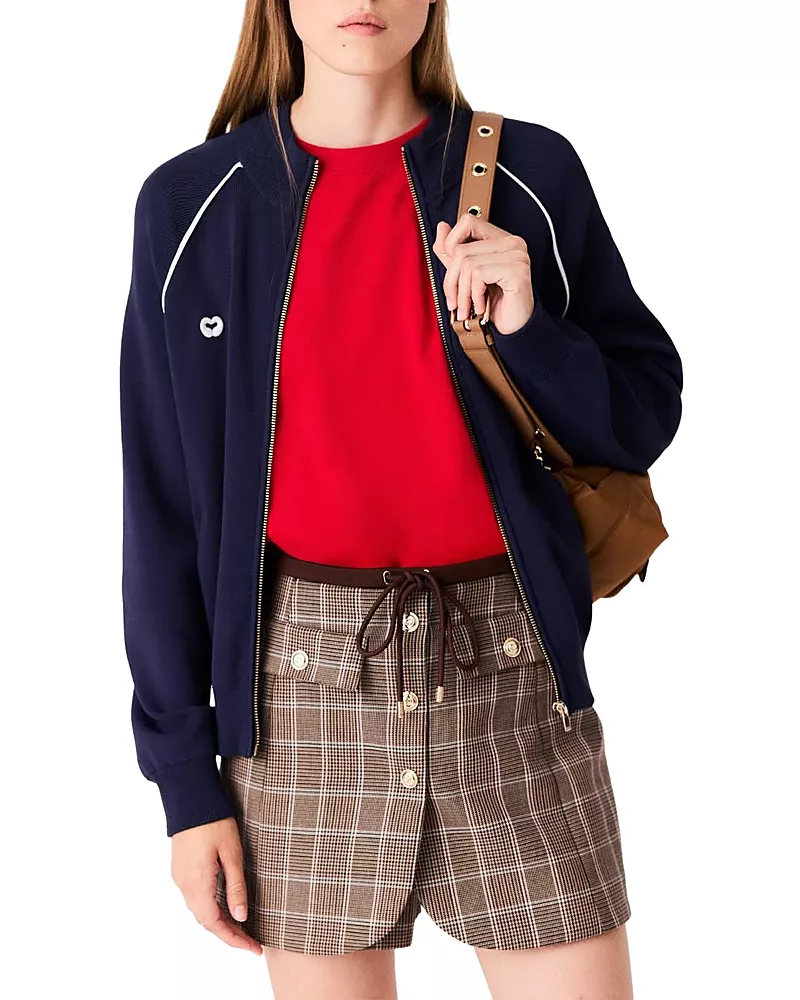 Maje Contrast Trim Zippered Cardigan