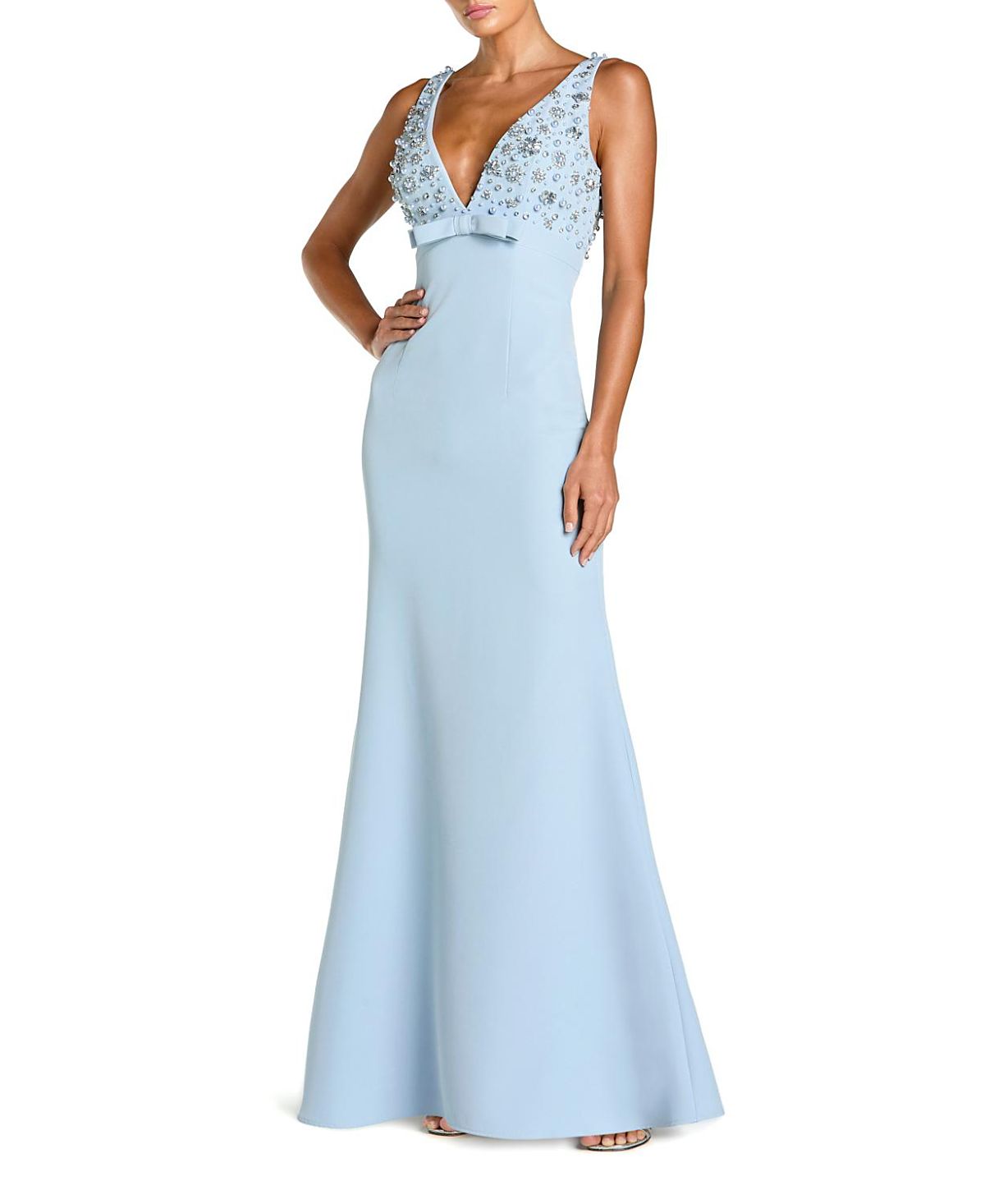 Mac Duggal Crepe Sleeveless Beaded V Neck Gown with Bow