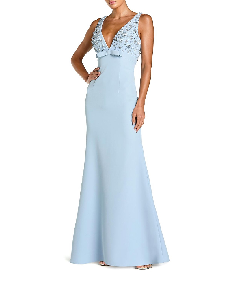 Mac Duggal Crepe Sleeveless Beaded V Neck Gown with Bow