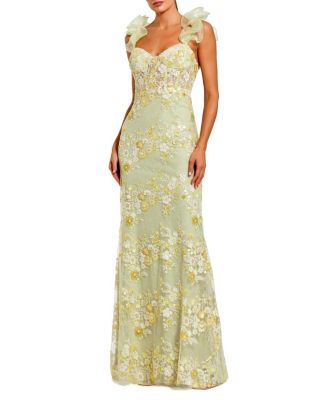 Embroidered Lace Floral Gown with Ruffle Straps