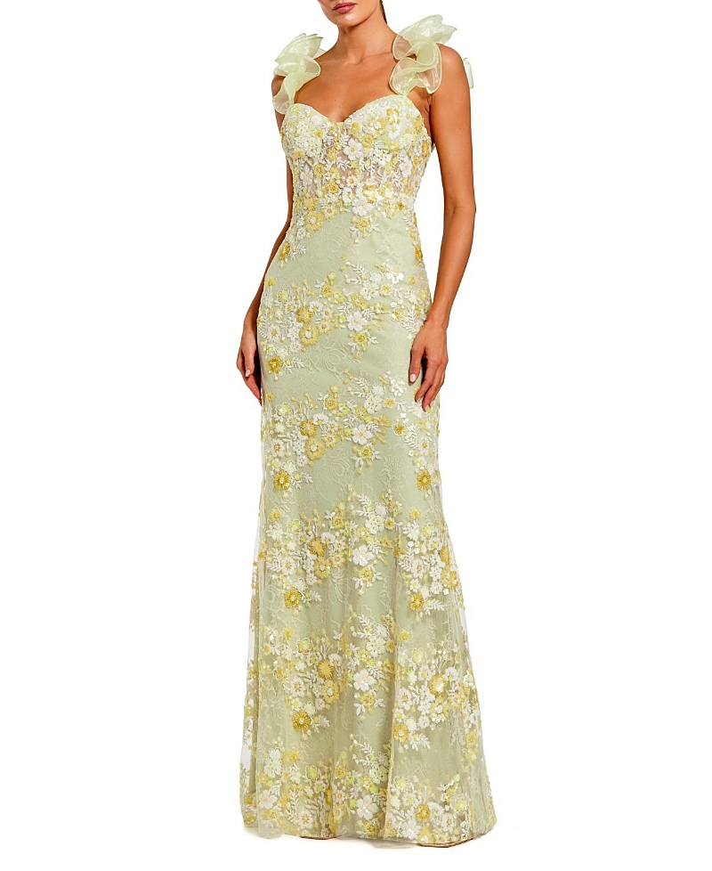 Mac Duggal Embroidered Lace Floral Gown with Ruffle Straps