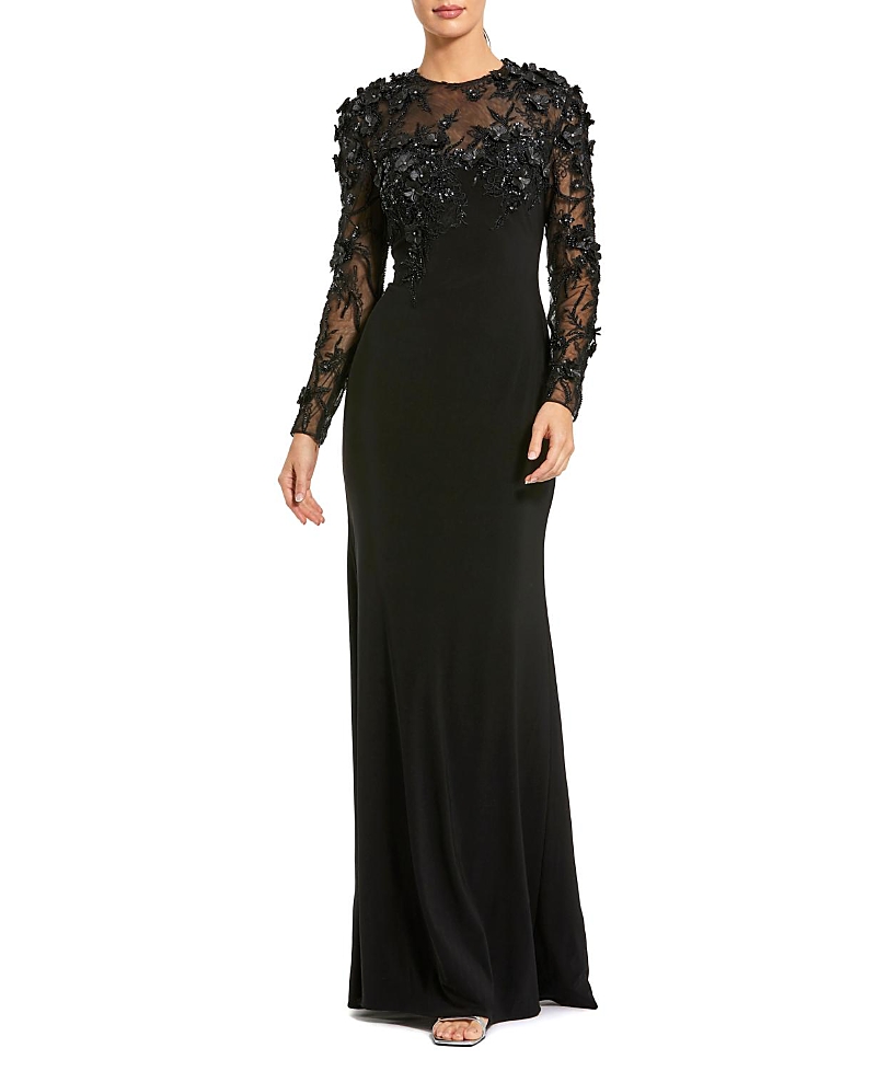 Mac Duggal Petite Long Sleeve Floral Embellished Column Gown