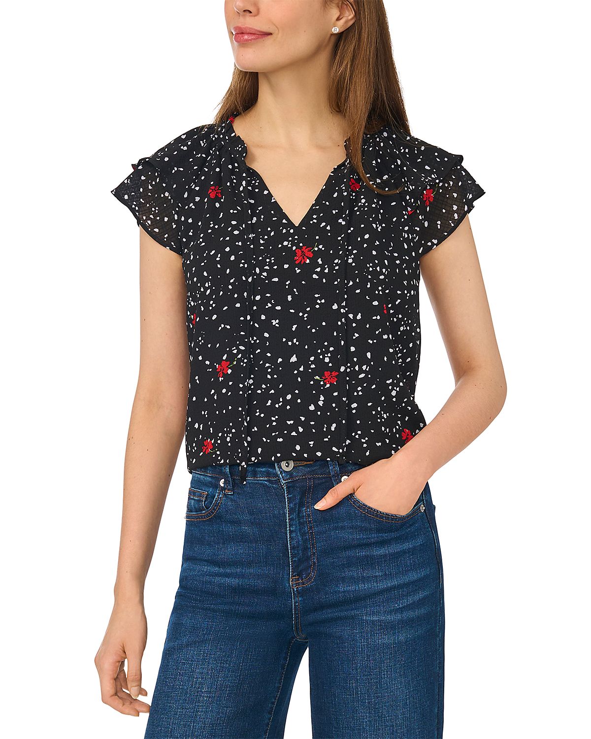 CeCe Flutter Sleeve Tie Neck Top