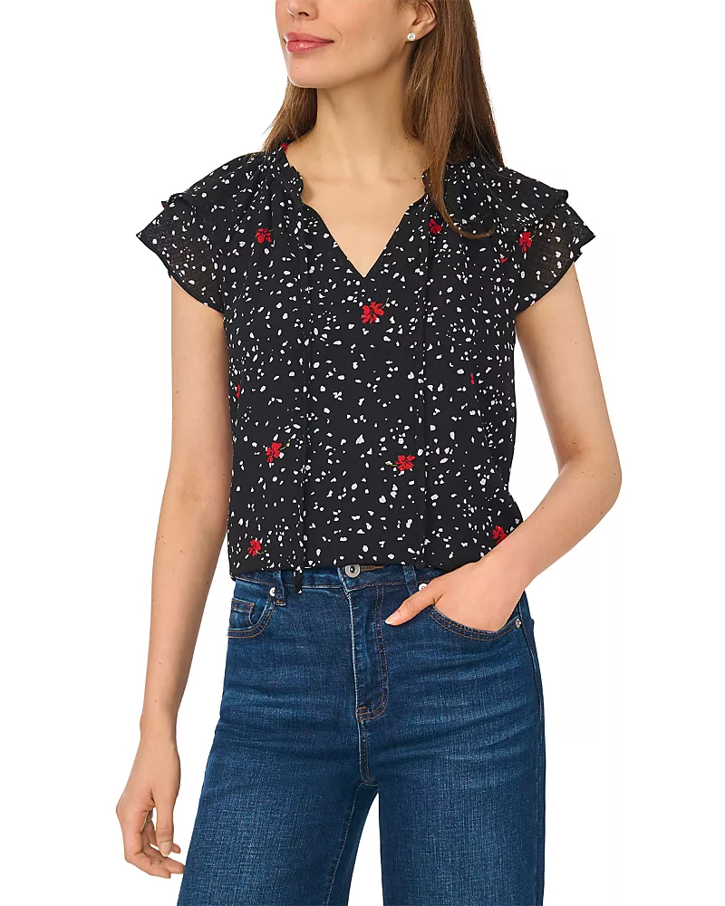 CeCe Flutter Sleeve Tie Neck Top