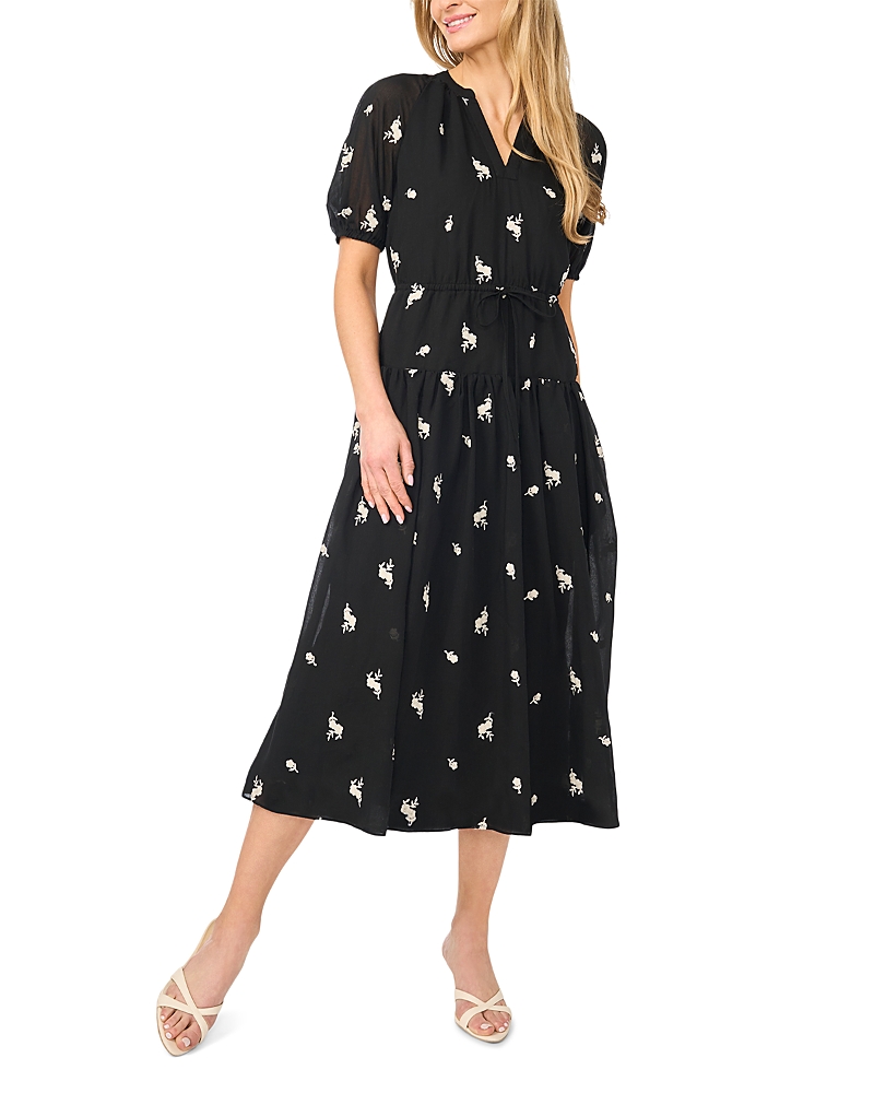 CeCe Embroidered Puff Sleeve Tie Waist Midi Dress