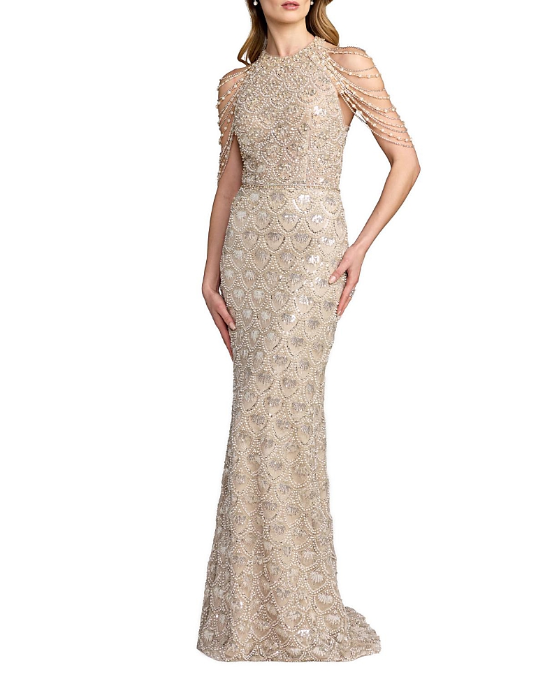 Mac Duggal Petite Draped Pearl Beaded Embroidered Column Gown