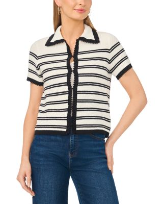 Striped Collared Short Sleeve Cardigan Sweater