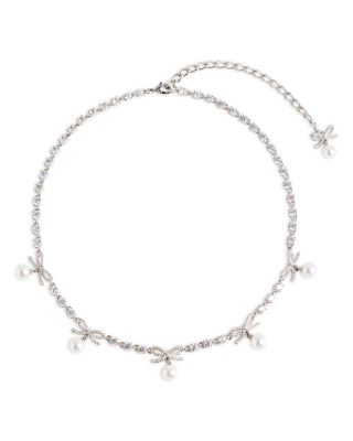 Crystal Bow Imitation Pearl Charm Necklace, 16"