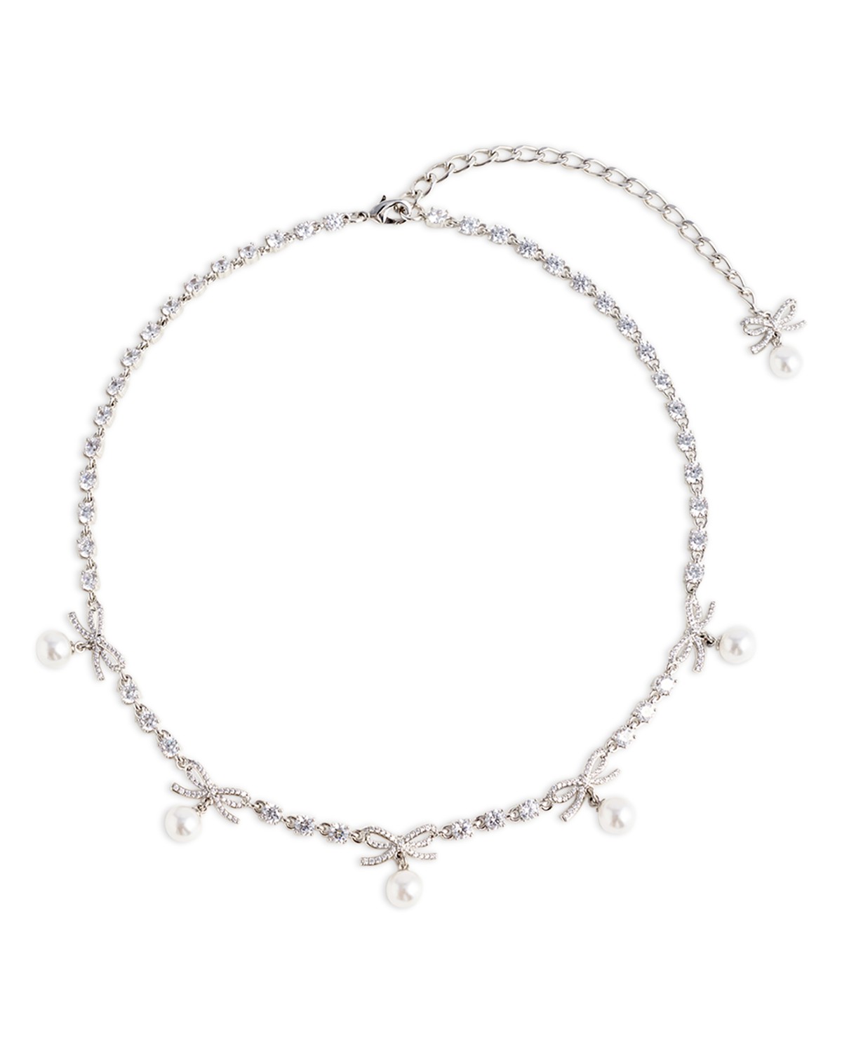 Self-portrait Self-Portrait Crystal Bow Imitation Pearl Charm Necklace, 16 in Silver