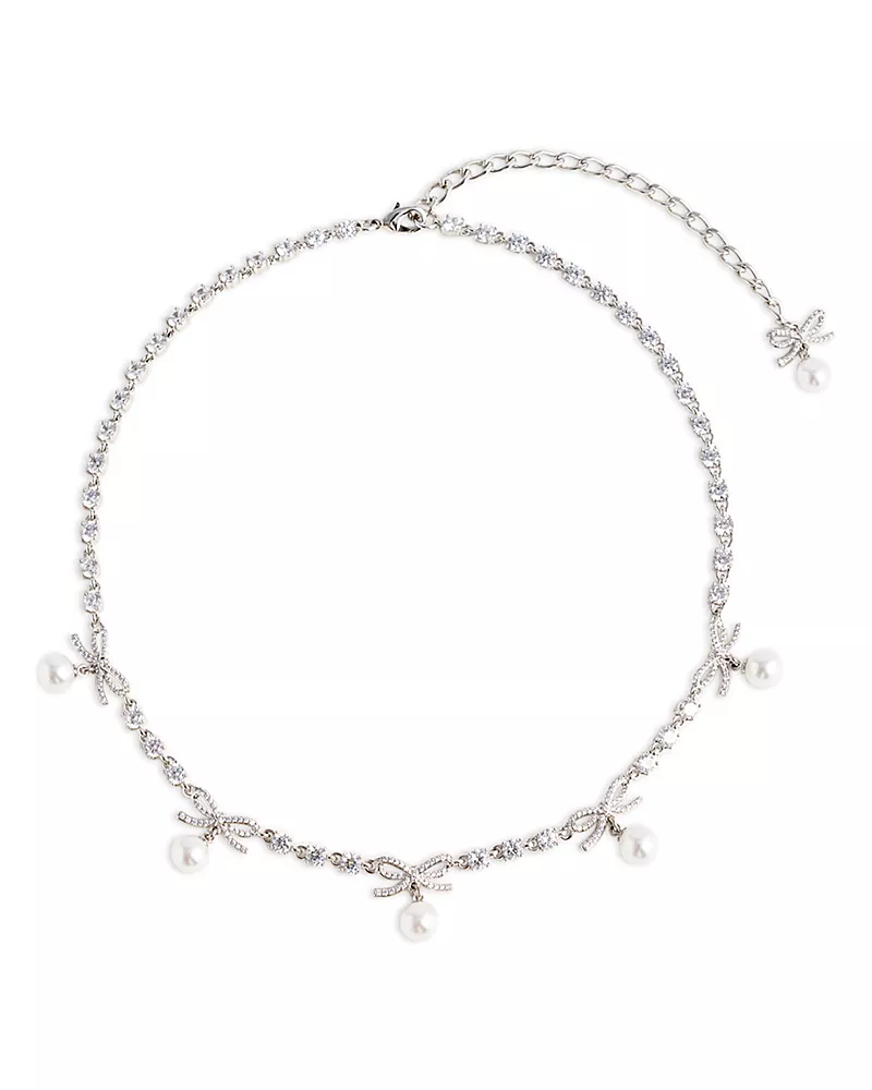 Self-Portrait Crystal Bow Imitation Pearl Charm Necklace, 16