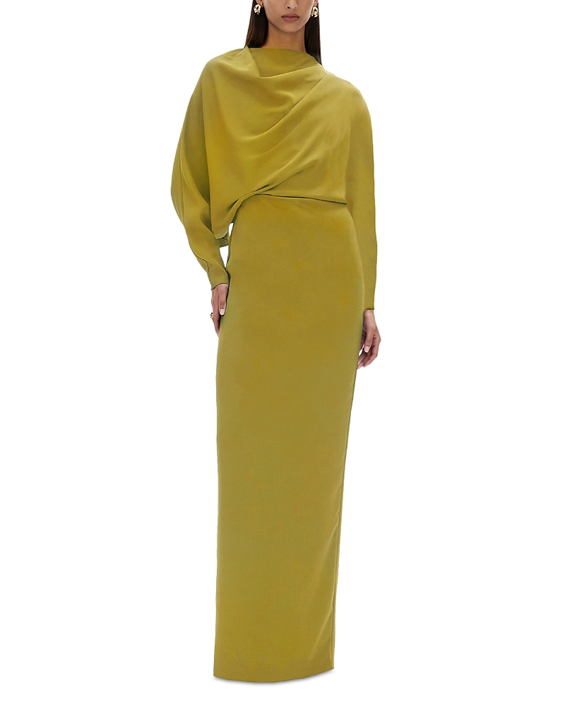 Rachel Gilbert Amara Long Sleeve Cape Gown In Moss