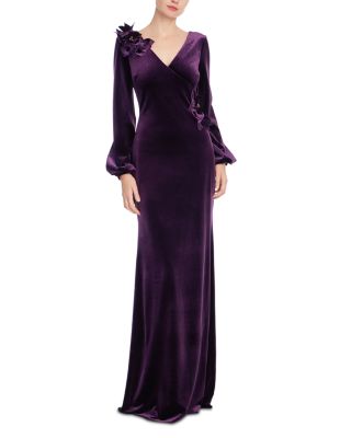 Badgley Mischka Floral Embellished Velvet Evening Gown