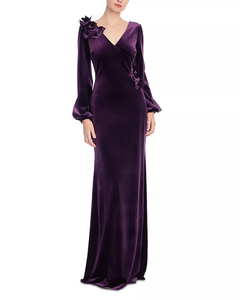 Badgley Mischka Floral Embellished Velvet Evening Gown