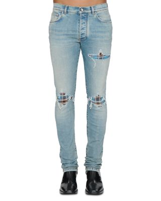 Flannel Patch Skinny Fit Jeans in Medium Indigo