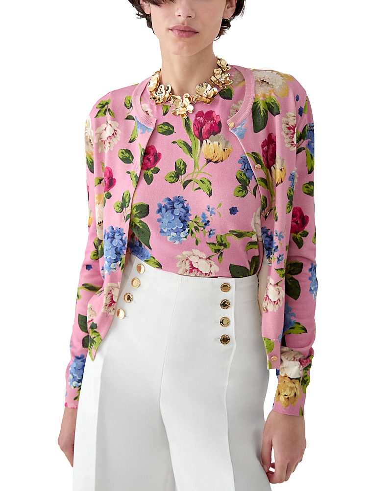 Carolina Herrera Printed Long Sleeve Crewneck Cardigan
