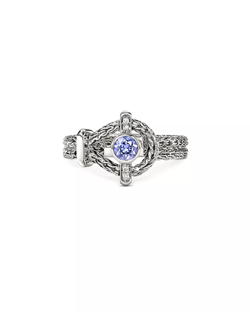 John Hardy Sterling Silver Icon Tanzanite & Diamond Halo Chain Ring