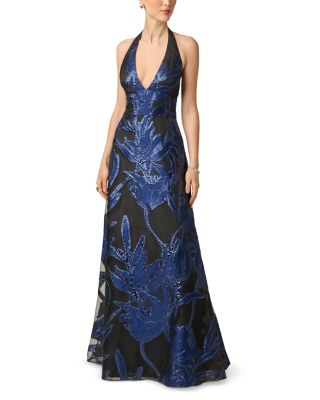 Organza Jacquard Plunge Neck Long Gown