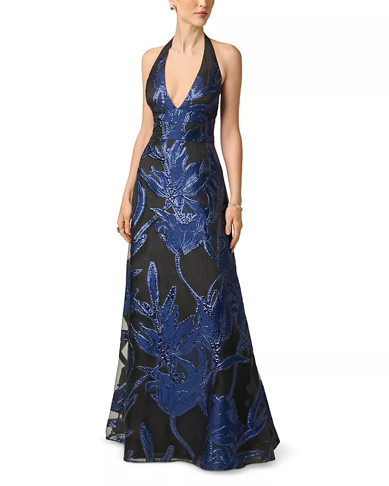 Aidan Mattox Organza Jacquard Plunge Neck Long Gown