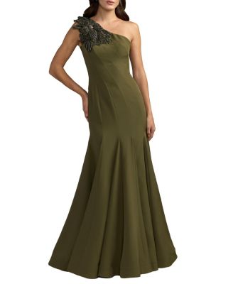  Petite Crepe One Shoulder Gown with Flower Detail
