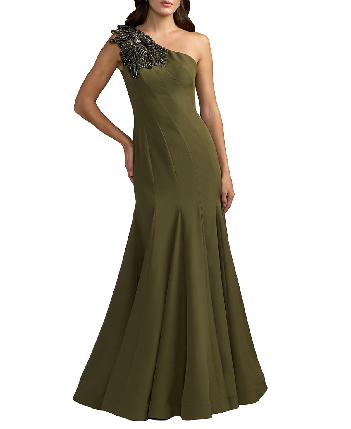 Mac Duggal Petite Crepe One Shoulder Gown With Flower Detail