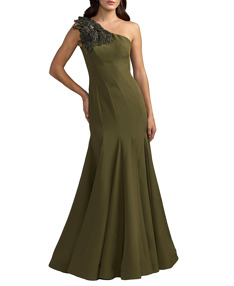 Mac Duggal Petite Crepe One Shoulder Gown With Flower Detail