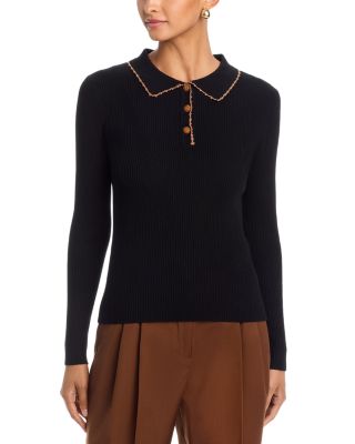 Crochet Trim Polo Sweater