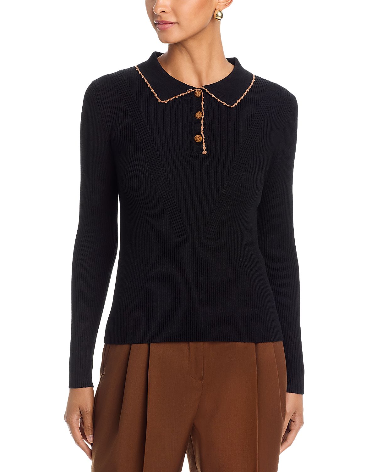 T Tahari Crochet Trim Polo Sweater
