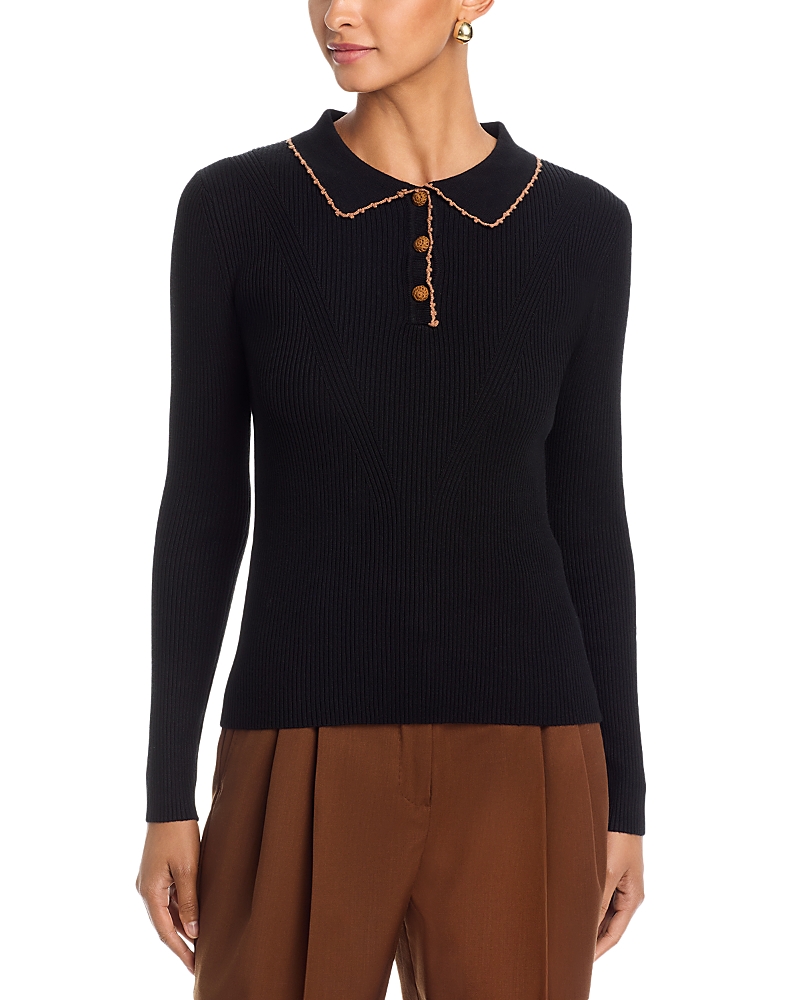 T Tahari Crochet Trim Polo Sweater